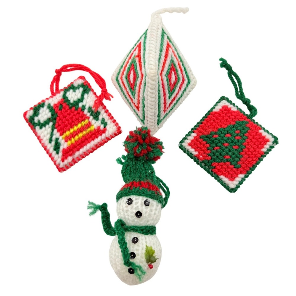 VTG Handmade Christmas Needdepoint Ornaments Set 4 Plastic Canvas Snowman